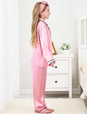 Mikrdoo Silk Pajamas for Girls Long Sleeve PJs for Kids Top and Pants 2 Piece Satin Slpeepwear Set 3-14 Years in Kuwait