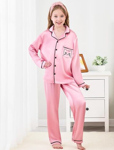 Mikrdoo Silk Pajamas for Girls Long Sleeve PJs for Kids Top and Pants 2 Piece Satin Slpeepwear Set 3-14 Years in Kuwait