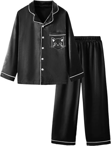 Mikrdoo Silk Pajamas for Girls Long Sleeve PJs for Kids Top and Pants 2 Piece Satin Slpeepwear Set 3-14 Years in Kuwait