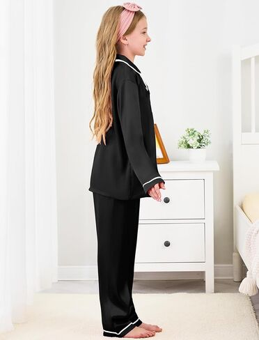 Mikrdoo Silk Pajamas for Girls Long Sleeve PJs for Kids Top and Pants 2 Piece Satin Slpeepwear Set 3-14 Years in Kuwait