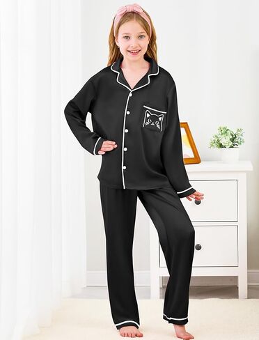 Mikrdoo Silk Pajamas for Girls Long Sleeve PJs for Kids Top and Pants 2 Piece Satin Slpeepwear Set 3-14 Years in Kuwait