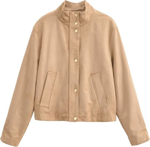 Xunger Women's Casual Faux Suede Jacket High Neck Utility Button Front Coat Streetwear Outerwear with Pockets in Saudi Arabia