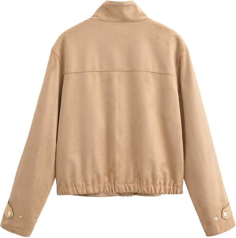 Xunger Women's Casual Faux Suede Jacket High Neck Utility Button Front Coat Streetwear Outerwear with Pockets in Saudi Arabia