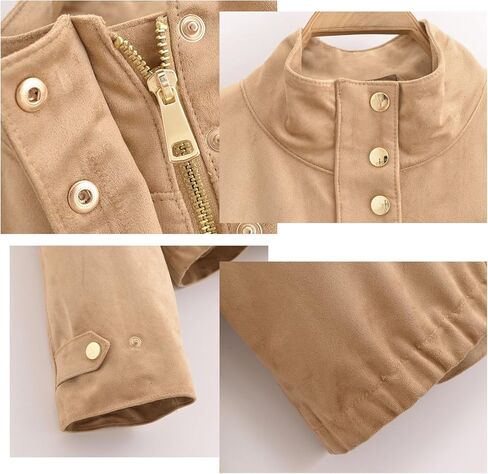 Xunger Women's Casual Faux Suede Jacket High Neck Utility Button Front Coat Streetwear Outerwear with Pockets in Saudi Arabia