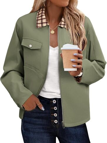 Womens zip Up Lightweight Plaid Bomber Jacket 2025 Outly Long Sleeve Outwear مع جيوب in Kuwait