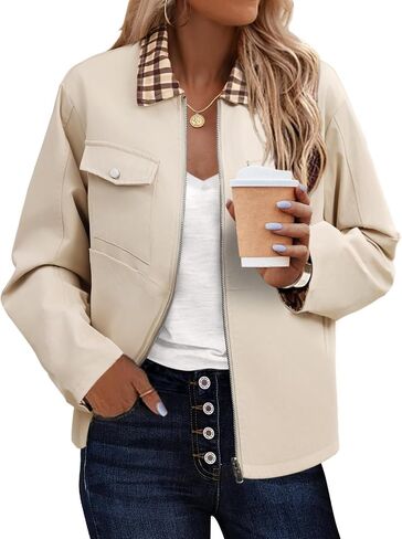 Womens zip Up Lightweight Plaid Bomber Jacket 2025 Outly Long Sleeve Outwear مع جيوب in Kuwait