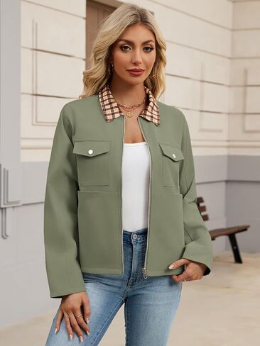 Womens zip Up Lightweight Plaid Bomber Jacket 2025 Outly Long Sleeve Outwear مع جيوب in Kuwait
