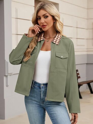 Womens zip Up Lightweight Plaid Bomber Jacket 2025 Outly Long Sleeve Outwear مع جيوب in Kuwait
