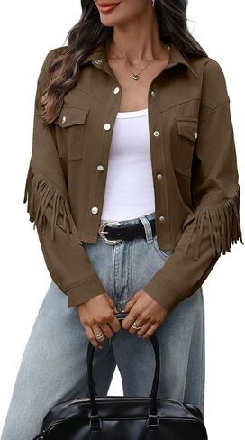 Women's Fringe Faux Suede Jacket Cropped Collar Drop Shoulder Long Sleeve Snap Button Jackets with Flap Pockets in Kuwait