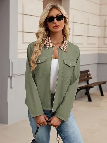 Womens zip Up Lightweight Plaid Bomber Jacket 2025 Outly Long Sleeve Outwear مع جيوب in Kuwait