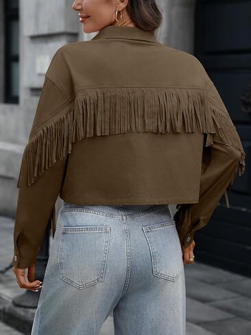 Women's Fringe Faux Suede Jacket Cropped Collar Drop Shoulder Long Sleeve Snap Button Jackets with Flap Pockets in Kuwait