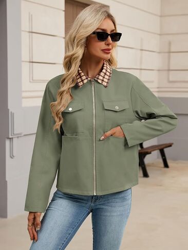 Womens zip Up Lightweight Plaid Bomber Jacket 2025 Outly Long Sleeve Outwear مع جيوب in Kuwait