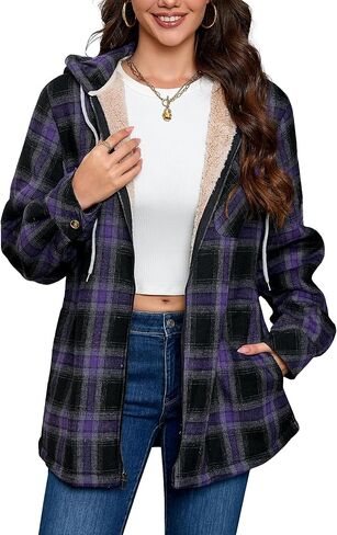 elesuit النسائية الكاملة zip fleece flannel سترة منقوشة مقنعين sherpa lind هوديس للنساء in Kuwait