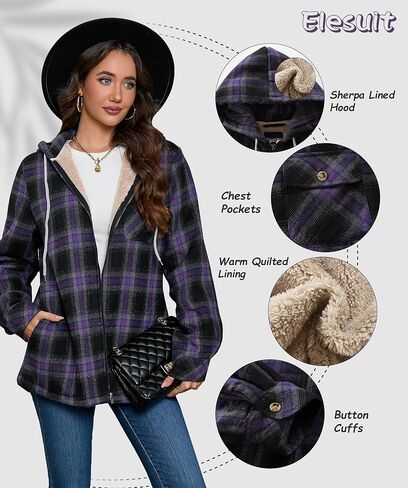 elesuit النسائية الكاملة zip fleece flannel سترة منقوشة مقنعين sherpa lind هوديس للنساء in Kuwait