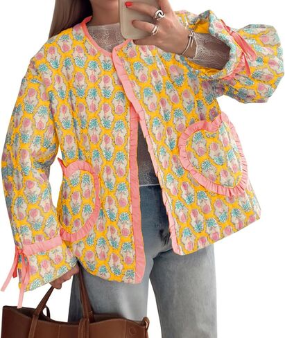 Tankaneo Womens Cropped Puffer Jacket Floral Print Open Front Quilted Jacket Bow Tie Heart Coat Lightweight Outerwear in Saudi Arabia