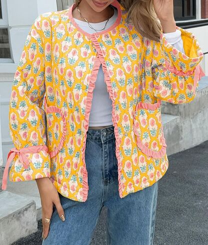 Tankaneo Womens Cropped Puffer Jacket Floral Print Open Front Quilted Jacket Bow Tie Heart Coat Lightweight Outerwear in Saudi Arabia