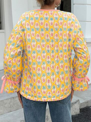 Tankaneo Womens Cropped Puffer Jacket Floral Print Open Front Quilted Jacket Bow Tie Heart Coat Lightweight Outerwear in Saudi Arabia