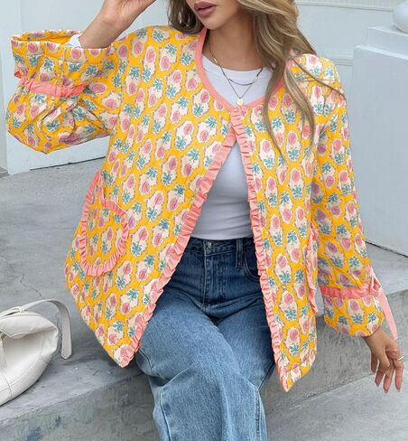 Tankaneo Womens Cropped Puffer Jacket Floral Print Open Front Quilted Jacket Bow Tie Heart Coat Lightweight Outerwear in Saudi Arabia