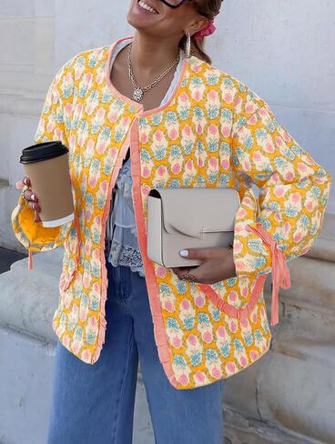 Tankaneo Womens Cropped Puffer Jacket Floral Print Open Front Quilted Jacket Bow Tie Heart Coat Lightweight Outerwear in Saudi Arabia