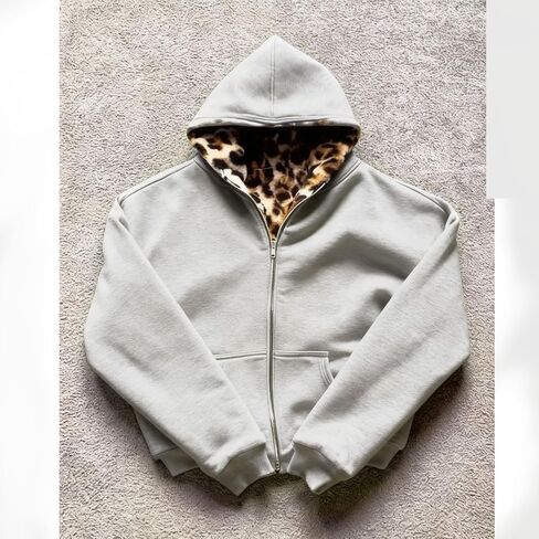 Vintage Leopard Print Jacket Y2k Reversible Zip Up Jacket Baggy Long Sleeve Hoodie Grunge Streetwear Unisex in Saudi Arabia