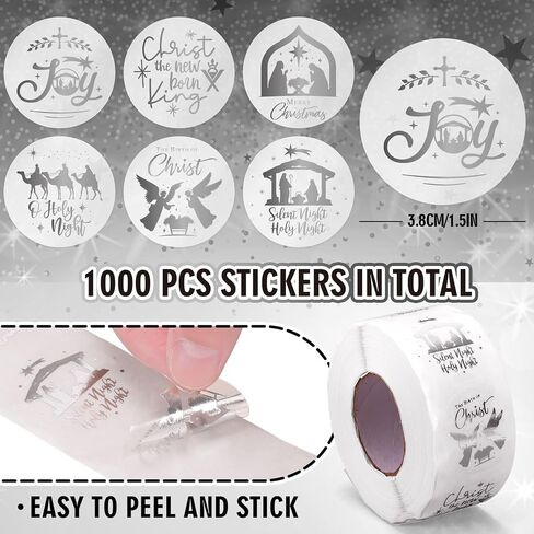 AnyDesign 1000Pcs Clear Christmas Stickers Roll Gold Foil Nativity Scene Stickers Xmas Winter Holiday Round Adhesive Label Stickers Decal for Xmas Envelopes Invitations Cards Gifts Decor, 6 Designs in Saudi Arabia