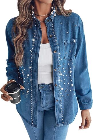 Chicme Women’s Pearl Rhinestone مزينة 2025 قميص الدنيم الزر الطويل الأكمام لأسفل أسفل طوق Jean عارضة Jean in Saudi Arabia