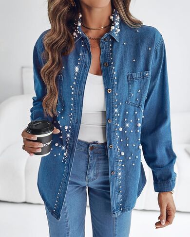 Chicme Women’s Pearl Rhinestone مزينة 2025 قميص الدنيم الزر الطويل الأكمام لأسفل أسفل طوق Jean عارضة Jean in Saudi Arabia