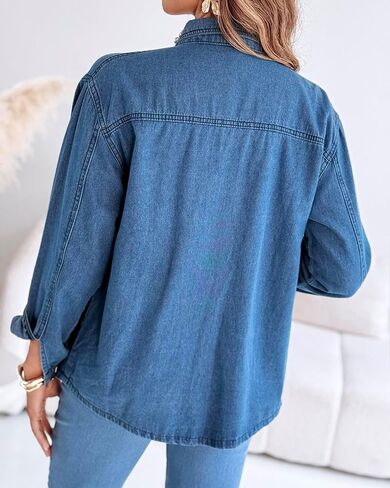 Chicme Women’s Pearl Rhinestone مزينة 2025 قميص الدنيم الزر الطويل الأكمام لأسفل أسفل طوق Jean عارضة Jean in Saudi Arabia