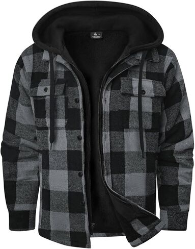ZITY Mens Sherpa Flannel Shirt Jacket Plaid Fleece Lined Hoodie Full Zip Long Sleeve Winter Warm Coat for Men in Saudi Arabia