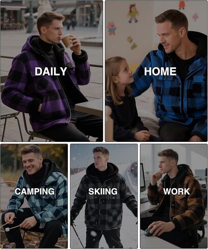 ZITY Mens Sherpa Flannel Shirt Jacket Plaid Fleece Lined Hoodie Full Zip Long Sleeve Winter Warm Coat for Men in Saudi Arabia