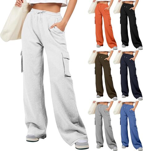 Wide Leg Cargo Sweatpants for Women Baggy High Waisted Lounge Sweatpants Drawstring Athletic Joggers with Pockets in Saudi Arabia