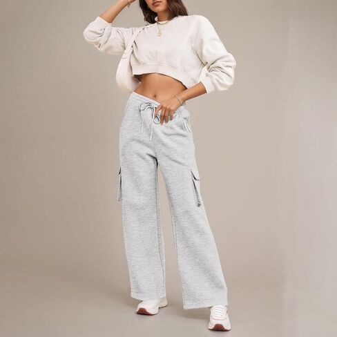 Wide Leg Cargo Sweatpants for Women Baggy High Waisted Lounge Sweatpants Drawstring Athletic Joggers with Pockets in Saudi Arabia