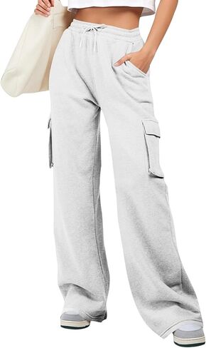 Wide Leg Cargo Sweatpants for Women Baggy High Waisted Lounge Sweatpants Drawstring Athletic Joggers with Pockets in Saudi Arabia