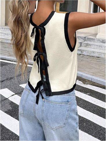Milumia Women's Tie Bow Back Cropped Sweater Vest Round Neck Sleeveless Casual Knit Tank Tops in Saudi Arabia