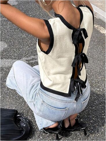 Milumia Women's Tie Bow Back Cropped Sweater Vest Round Neck Sleeveless Casual Knit Tank Tops in Saudi Arabia