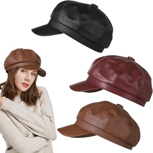 3 Pcs Women Newsboy Hat, 22-24" PU Leather Beret Hat, Fashion Octagonal Ladies Hats, Vintage Women Fiddler Caps, 3 Colors, Cabbie Winter Hats, Ideal for All Seasons in Saudi Arabia