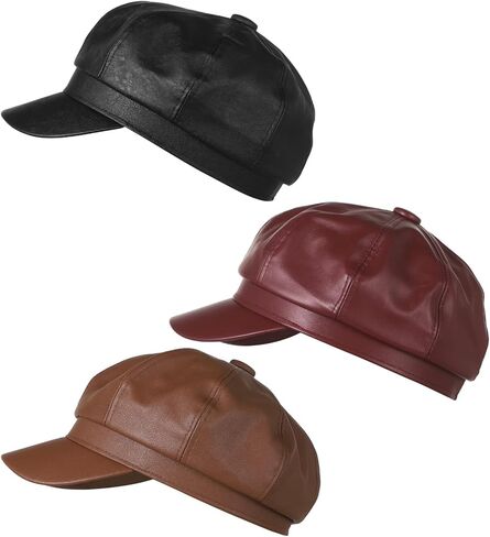 3 Pcs Women Newsboy Hat, 22-24" PU Leather Beret Hat, Fashion Octagonal Ladies Hats, Vintage Women Fiddler Caps, 3 Colors, Cabbie Winter Hats, Ideal for All Seasons in Saudi Arabia