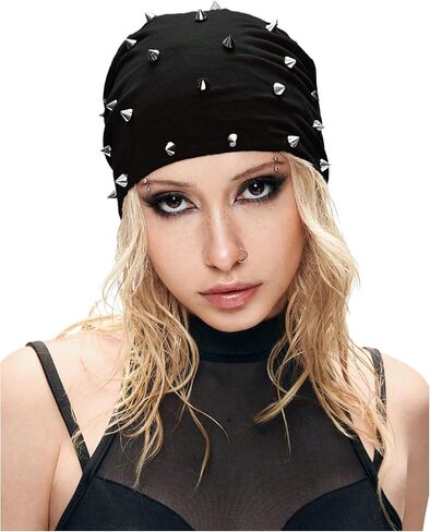 WDIRARA Women's Gothic Punk Beanie Rivet Studded Rock Skull Caps Beanie Hats in Saudi Arabia