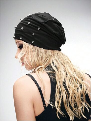 WDIRARA Women's Gothic Punk Beanie Rivet Studded Rock Skull Caps Beanie Hats in Saudi Arabia