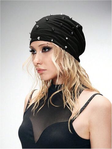 WDIRARA Women's Gothic Punk Beanie Rivet Studded Rock Skull Caps Beanie Hats in Saudi Arabia