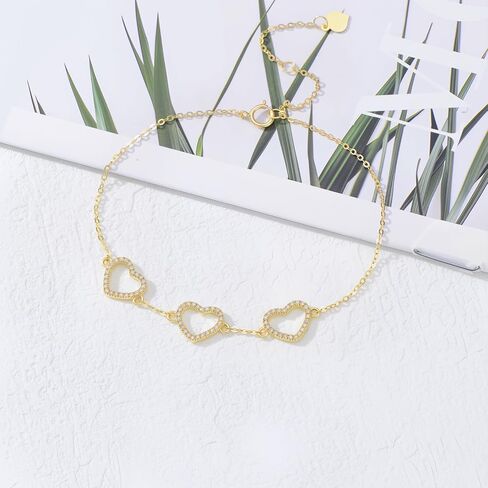 ابتكرت Sisgem 14k Gold سوار Moissanite Three Heart في الكاحل للنساء ، هدايا من طراز Gold Gold REAL 14KT لها ، 9.4 "-11.0" in Saudi Arabia