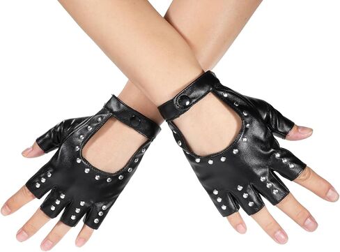 Leather Punk Gloves, Black Fingerless Faux Leather Gloves, PU Faux Leathers Outdoor Sport Half Finger Glove with Belt Up Closure and Rivet for Women, Teens, Kids(Style 3) in Saudi Arabia