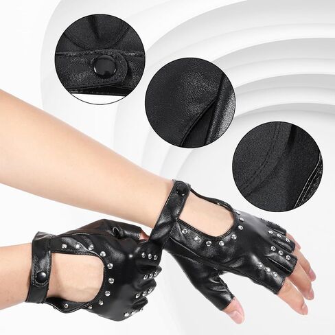 Leather Punk Gloves, Black Fingerless Faux Leather Gloves, PU Faux Leathers Outdoor Sport Half Finger Glove with Belt Up Closure and Rivet for Women, Teens, Kids(Style 3) in Saudi Arabia