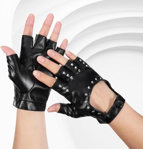 Leather Punk Gloves, Black Fingerless Faux Leather Gloves, PU Faux Leathers Outdoor Sport Half Finger Glove with Belt Up Closure and Rivet for Women, Teens, Kids(Style 3) in Saudi Arabia