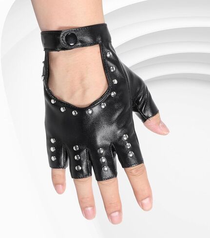 Leather Punk Gloves, Black Fingerless Faux Leather Gloves, PU Faux Leathers Outdoor Sport Half Finger Glove with Belt Up Closure and Rivet for Women, Teens, Kids(Style 3) in Saudi Arabia