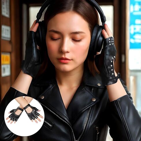 Leather Punk Gloves, Black Fingerless Faux Leather Gloves, PU Faux Leathers Outdoor Sport Half Finger Glove with Belt Up Closure and Rivet for Women, Teens, Kids(Style 3) in Saudi Arabia