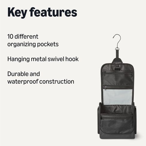 Amazon Essentials حقيبة أدوات زينة الأزياء المائية للماء للرجال والنساء ، حقيبة أدوات الزينة المعلقة ، مجموعة DOPP مع جيوب جانبية ، جيوب داخلية متعددة ، مقابض الحمام/البقاء ، الأسود in Saudi Arabia