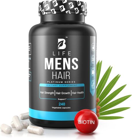 Hair and Beard Vitamins for Men 180 Capsules Hydrolyzed Collagen, L Lysina, Zinc, B5, B6, Biotin and D3. B Life Mens Hair in Kuwait