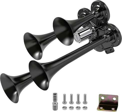 4 Trumpet Train Horn Kit - 180dB Super Loud Air Horn for Trucks, Compatible with 12V/24V Pickups, SUVs, Motorhomes, Boats (4-Trumpet Black, Heavy Duty Zinc Alloy) in Saudi Arabia
