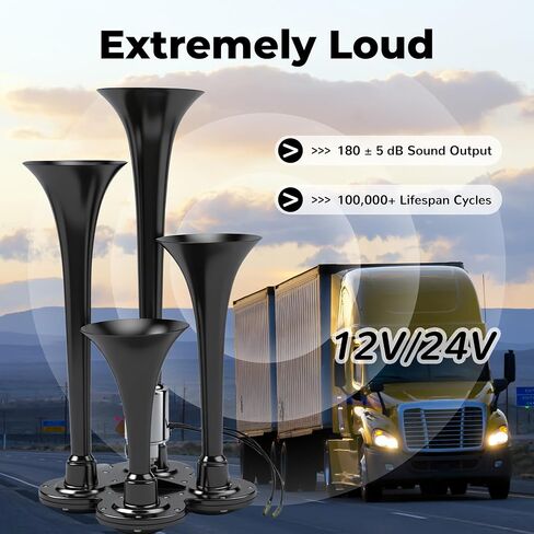 4 Trumpet Train Horn Kit - 180dB Super Loud Air Horn for Trucks, Compatible with 12V/24V Pickups, SUVs, Motorhomes, Boats (4-Trumpet Black, Heavy Duty Zinc Alloy) in Saudi Arabia